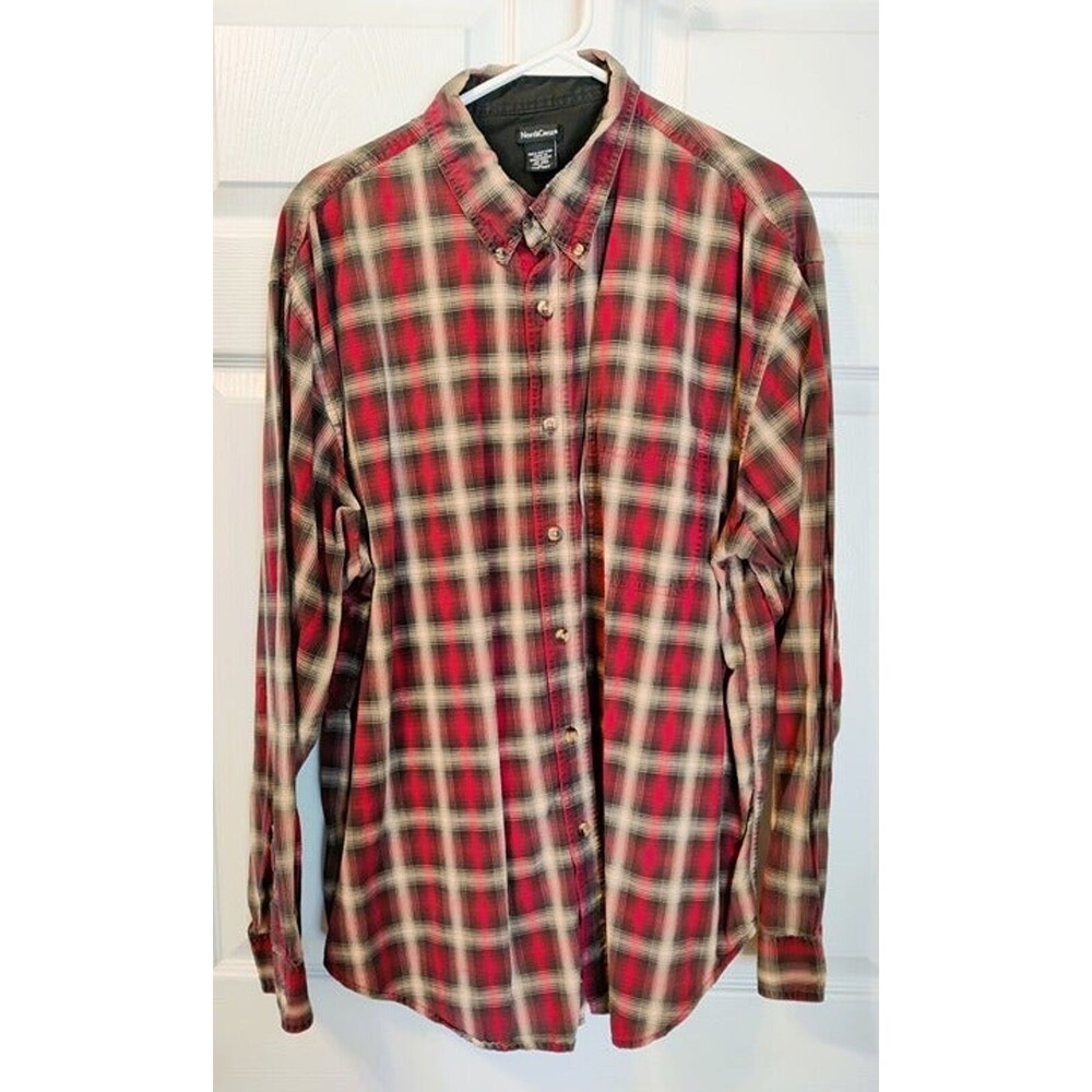 Men's NorthCrest Plaid Red/Brown Button Down Size XL-Nice